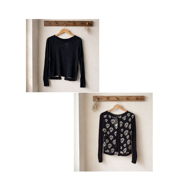 Rehab Sweaters - Rehab Black Skull Print Long Sleeve Sweater